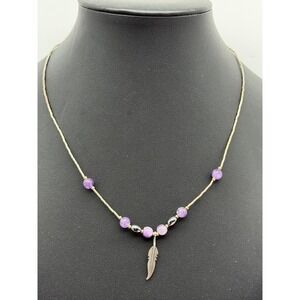 Vintage Liquid Silver Tube Beads Amethyst Hematite Feather Pendant Necklace 16"
